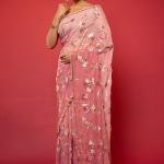 Dusky Pink Pure Chiffon Saree with Aari Sequins Jaal Work | Zardozi, Dabka | Jaipurio Shaded Saree